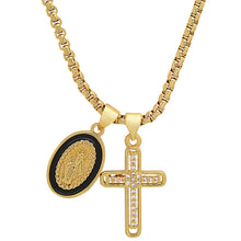 将图片加载到图库查看器,Ladies 18k White Gold/Gold Plated Brass & Black Enamel Our Lady of Guadalupe and Simulated Diamond Cross Pendant Charms
