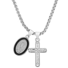 将图片加载到图库查看器,Ladies 18k White Gold/Gold Plated Brass & Black Enamel Our Lady of Guadalupe and Simulated Diamond Cross Pendant Charms