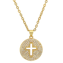 Load image into Gallery viewer, Ladies 18k White Gold/Gold Plated Brass Simulated Diamonds Round Cross Pendant