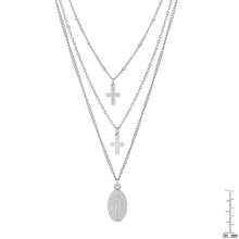 Load image into Gallery viewer, Ladies 3 Chain Necklace with Our Lady of Guadalupe and Cross Charms