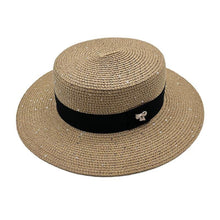 将图片加载到图库查看器,Ladies Sun Boater Classic Flat Hats Straw Hat Wide Brim Boater Hat Summer Straw Hat Beautiful Accessories For Women Retro Female Flat Cap Foldable Packable Beach Hat for Summer 55-58cm