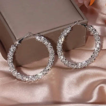 Load image into Gallery viewer, Large Full Rhinestone Silver Hoop Earrings