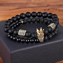 Load image into Gallery viewer, Lava Stone Combination Cubic Zircon Beads Bracelet Natural Red Tiger Eye Black Matte Onyx Stone Crown King Beads Bracelet For Men Women Fashion Charm Zircon Head Elastic Adjustable Bracelet Set Luxury Design