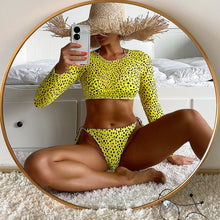 Load image into Gallery viewer, Leopard Print 3 Piece Set Long Sleeves Swimsuit 3 Piece Swimsuit Set Halter High Waist Bathing Suit With Long Sleeve Swimwear Cover Up Women's Swimming Bikini Low Waist Swimwear Women Bathing Suit