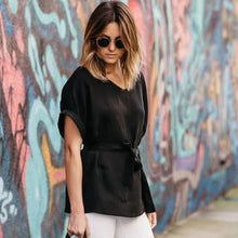 Load image into Gallery viewer, Linen-Blend Loose-Cut Casual Short Sleeve Top with Belt