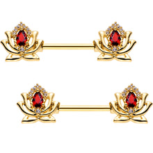 Load image into Gallery viewer, 9/16 Red Clear Gem Gold PVD Red Hot Lotus Flower Nipple Barbell Set