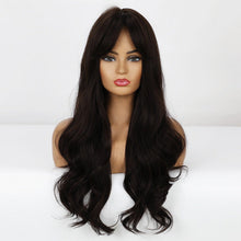 Load image into Gallery viewer, Long Dark Brown Synthetic Wigs for Women Silky Wavy Wig With Air Bangs Heat Resistant Fiber Cosplay Daily Party Replacement Wig Wigs For Black Women Cosplay Wigs For Women