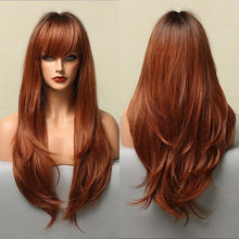 Load image into Gallery viewer, Long Dark Brown Synthetic Wigs for Women Silky Wavy Wig With Air Bangs Heat Resistant Fiber Cosplay Daily Party Replacement Wig Wigs For Black Women Cosplay Wigs For Women