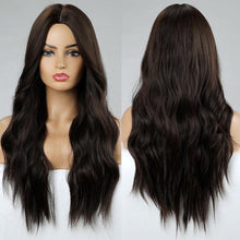 Load image into Gallery viewer, Long Dark Brown Synthetic Wigs for Women Silky Wavy Wig With Air Bangs Heat Resistant Fiber Cosplay Daily Party Replacement Wig Wigs For Black Women Cosplay Wigs For Women