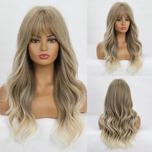 Load image into Gallery viewer, Long Dark Brown Synthetic Wigs for Women Silky Wavy Wig With Air Bangs Heat Resistant Fiber Cosplay Daily Party Replacement Wig Wigs For Black Women Cosplay Wigs For Women