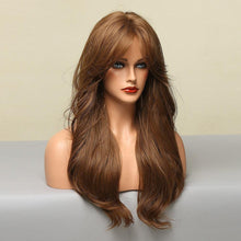 Load image into Gallery viewer, Long Honey Brown Synthetic Wigs with Side Bangs Natural Wave Wigs for Afro American Women Heat Resistant Cosplay Party Daily Use Wigs For Black Women Cosplay Wigs For Women