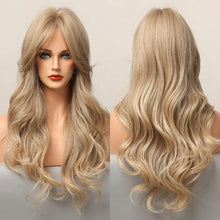 Load image into Gallery viewer, Long Honey Brown Synthetic Wigs with Side Bangs Natural Wave Wigs for Afro American Women Heat Resistant Cosplay Party Daily Use Wigs For Black Women Cosplay Wigs For Women