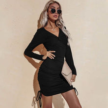 Load image into Gallery viewer, Long Sleeve Deep Sexy Long Sleeve Slim Elastic Bodycon Shirring Mini Dresses