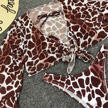 Load image into Gallery viewer, Long Sleeve Mesh Bikini Swimwear Women Three Pieces Leopard Swimsuit Female Summer Bathing Suit Brazilian 3 Pieces Set Knot Front Off Shoulder Cover Up with Halter Bikini Sets Bathing Suit