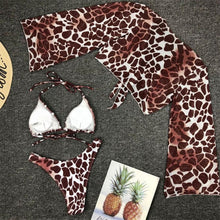 Load image into Gallery viewer, Long Sleeve Mesh Bikini Swimwear Women Three Pieces Leopard Swimsuit Female Summer Bathing Suit Brazilian 3 Pieces Set Knot Front Off Shoulder Cover Up with Halter Bikini Sets Bathing Suit