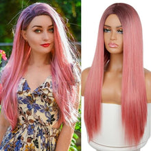 Load image into Gallery viewer, Long Straight Synthetic Black Wig Mixed Brown and Blonde Long Wig For Black Women Middle Part Nature Wigs For Black Women Cosplay Wigs For Women
