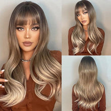 将图片加载到图库查看器,Long Womens Wigs with Bangs Ombre Brown Platinum Blonde Wigs Side Part Synthetic Wavy Wigs Women Cosplay Party Wigs For Black Women Cosplay Wigs For Women