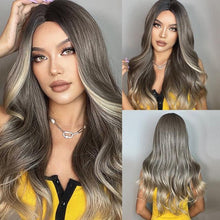 将图片加载到图库查看器,Long Womens Wigs with Bangs Ombre Brown Platinum Blonde Wigs Side Part Synthetic Wavy Wigs Women Cosplay Party Wigs For Black Women Cosplay Wigs For Women