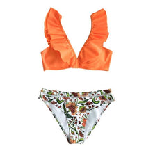 Load image into Gallery viewer, Low-waist Bikinis Set Swimwear Women Swimsuits Bathing Suit Orange Floral Ruffled Bikini Beachwear Bikini Swimsuits Ruffle Floral Two Piece Bathing Suits Printed Halter Neck Swimwear Beachwear