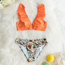 Load image into Gallery viewer, Low-waist Bikinis Set Swimwear Women Swimsuits Bathing Suit Orange Floral Ruffled Bikini Beachwear Bikini Swimsuits Ruffle Floral Two Piece Bathing Suits Printed Halter Neck Swimwear Beachwear