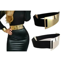 Load image into Gallery viewer, Luxurious Gold Wide Strap Elastic Belts For Women Elegant Metal Polished Plain Gold Belt Black Wide Strap Waistband for Women