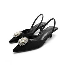 Load image into Gallery viewer, Luxury Black Straps Black Shoes For Women Shallow Summer Heels Beige Elastic Band Low Pointed Closed Flat Rhinestone Slip-on Shoes Flats Outdoor Walking Slippers