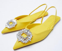 Load image into Gallery viewer, Luxury Black Straps Black Shoes For Women Shallow Summer Heels Beige Elastic Band Low Pointed Closed Flat Rhinestone Slip-on Shoes Flats Outdoor Walking Slippers