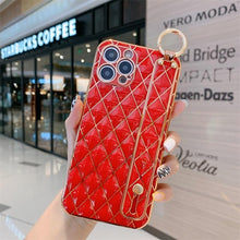 Load image into Gallery viewer, Luxury Blue Pink Gold Color Plating Soft Case Cell Phone Case For iPhone 11 12 13 Pro Max XS Max XR X 8 7 Plus Luxury Wrist Strap Plating Frame Geometric Soft Covers Bumper Iphone Case