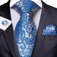 Load image into Gallery viewer, Luxury Blue Silk Design Wedding Tie For Men Necktie Pocket Square Cufflink Set Formal Business Meeting Necktie For Men