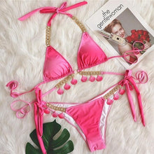 Load image into Gallery viewer, Luxury Diamond Bikini Halter Push Up Swimwear Women's Beach Bikini Crystal Side Bottom Triangle Bikini Halter Swimsuits Women Swimsuit Female Strappy Bikini Set Summer Party Bathing Suit Beachwear
