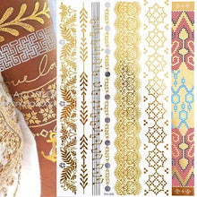 Load image into Gallery viewer, Luxury Flash Metallic Waterproof Temporary Tattoo Gold Silver Flower Tattoo Sticker Long Lasting Gold Design For Womens