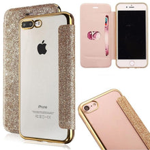 Load image into Gallery viewer, Luxury Glitter Leather Flip Wallet Case For iPhone 14 13 12 11 Pro XS Max XR X 7 8 Plus 6s Plus Clear Back Case iPhone Shiny Luxury Glitter Leather Case with Card Holder Flip Magnetic Closure Stand Cover