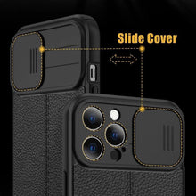 Load image into Gallery viewer, Luxury Leather Black Shockproof Phone Case on For iPhone 13 12 11 14 Pro Max XR X XSMax 14 Case Camera Lens Protection Soft Back Cover Thin Shockproof Case with Slide Camera Case for iPhone