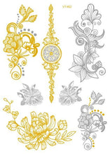 将图片加载到图库查看器,Luxury Metallic Temporary Tattoo Gold Silver Flower Sticker Long Lasting Gold Design For Womens