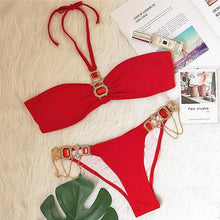 Load image into Gallery viewer, Luxury Purple Halter Crystal Diamond Bikini Female Swimsuit Women Swimwear Rhinestone Bikini Set Bathing Suit Women's Swimwear Rhinestone Halter Low Waist Tie Side Bikini Set 2 Pieces Crystal Diamond Swimsuit