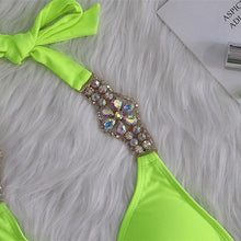 Load image into Gallery viewer, Luxury Purple Halter Crystal Diamond Bikini Female Swimsuit Women Swimwear Rhinestone Bikini Set Bathing Suit Women's Swimwear Rhinestone Halter Low Waist Tie Side Bikini Set 2 Pieces Crystal Diamond Swimsuit