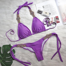 Load image into Gallery viewer, Luxury Purple Halter Crystal Diamond Bikini Female Swimsuit Women Swimwear Rhinestone Bikini Set Bathing Suit Women's Swimwear Rhinestone Halter Low Waist Tie Side Bikini Set 2 Pieces Crystal Diamond Swimsuit