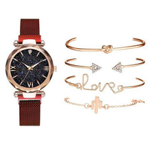 Load image into Gallery viewer, Luxury Rose Gold Starry Sky Dial Watches Women Crystal Bracelet Quartz Wrist Watch 5 PCS Set Women Ladies Watches Starry Sky Magnet Buckle Dial Diamond Cutting Mesh Straps Bracelet Wristwatch
