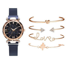 Load image into Gallery viewer, Luxury Rose Gold Starry Sky Dial Watches Women Crystal Bracelet Quartz Wrist Watch 5 PCS Set Women Ladies Watches Starry Sky Magnet Buckle Dial Diamond Cutting Mesh Straps Bracelet Wristwatch