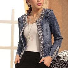 将图片加载到图库查看器,Luxury Spring Fashionable Women Denim Jacket Slim Zipper Casual Short Sequins Outerwear Ladies Vintage Crystal Biker