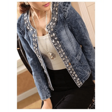 将图片加载到图库查看器,Luxury Spring Fashionable Women Denim Jacket Slim Zipper Casual Short Sequins Outerwear Ladies Vintage Crystal Biker