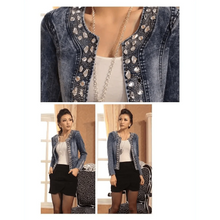 将图片加载到图库查看器,Luxury Spring Fashionable Women Denim Jacket Slim Zipper Casual Short Sequins Outerwear Ladies Vintage Crystal Biker