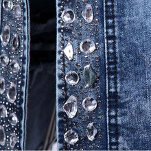 将图片加载到图库查看器,Luxury Spring Fashionable Women Denim Jacket Slim Zipper Casual Short Sequins Outerwear Ladies Vintage Crystal Biker