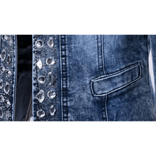 将图片加载到图库查看器,Luxury Spring Fashionable Women Denim Jacket Slim Zipper Casual Short Sequins Outerwear Ladies Vintage Crystal Biker