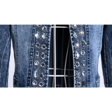 将图片加载到图库查看器,Luxury Spring Fashionable Women Denim Jacket Slim Zipper Casual Short Sequins Outerwear Ladies Vintage Crystal Biker