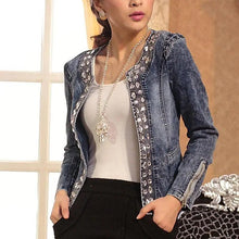 将图片加载到图库查看器,Luxury Spring Fashionable Women Denim Jacket Slim Zipper Casual Short Sequins Outerwear Ladies Vintage Crystal Biker