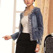 将图片加载到图库查看器,Luxury Spring Fashionable Women Denim Jacket Slim Zipper Casual Short Sequins Outerwear Ladies Vintage Crystal Biker