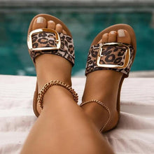 将图片加载到图库查看器,Luxury Summer Leopard Design Women's Slippers Shoes Summer Flat Woman Fashion Buckle Peep Toe Flat Shoes Adjustable Buckle Strap Casual Comfort Footbed Slides Sandals For Indoor And Outdoor Beach