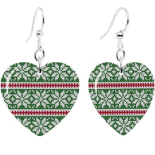 Load image into Gallery viewer, Green Red Christmas Sweater Heart Fishhook Dangle Earrings