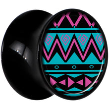 Load image into Gallery viewer, Black Acrylic Pink Teal Tribal Print Saddle Plug Set 1/2